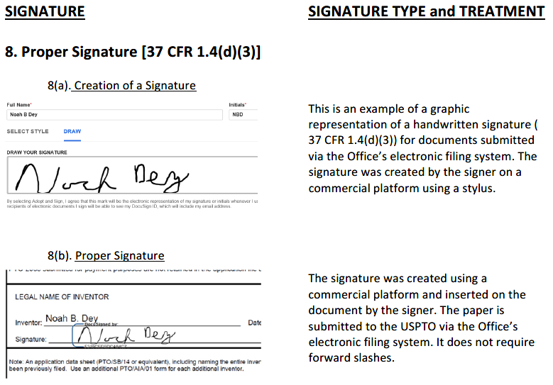 An example from the USPTO of a proper graphic representation of a signature